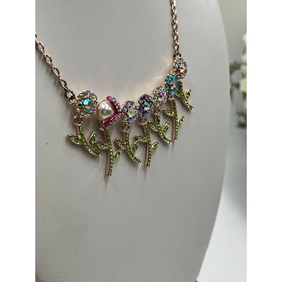 Betsey Johnson Rose Gold 20‎ Six Flower Daisy Pearl Ladybug Rhinestone Necklace - Picture 9 of 11